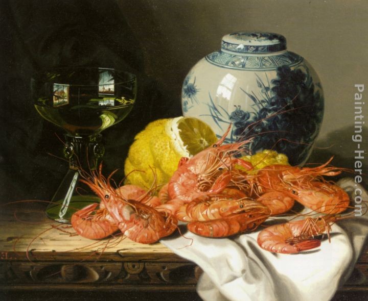 Edward Ladell Still Life with Prawns and a Delft Pot